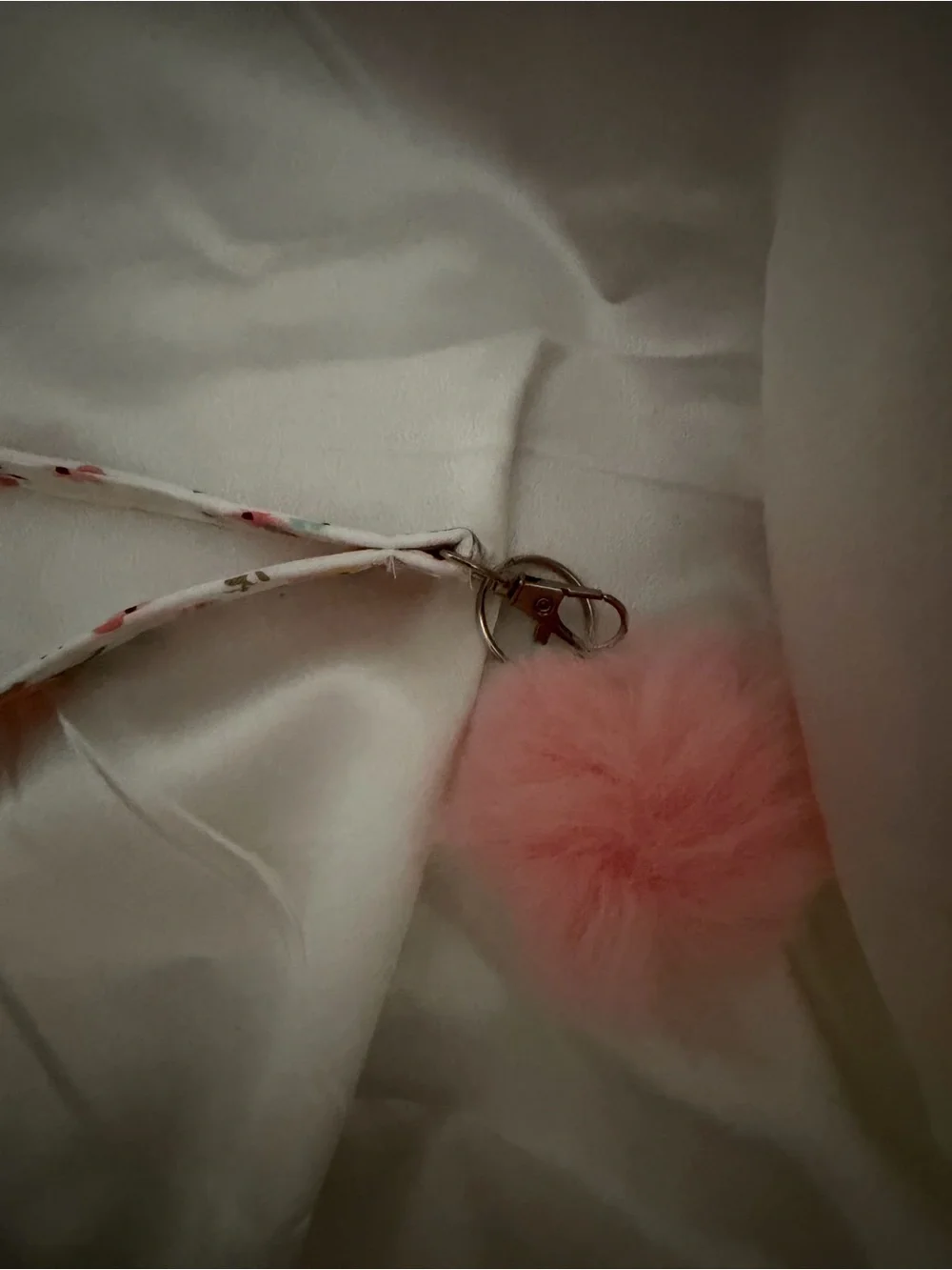 Handmade Pink and White Floral Wristlet Keychain with Light Pink Pompom